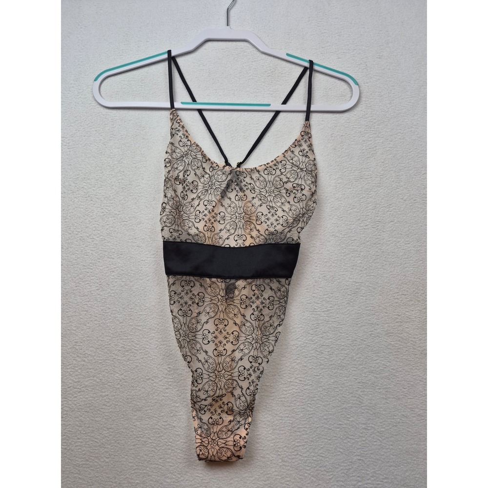 Victorias Secret Sheer Mesh Embroidered Bodysuit Nude Black XS Lingerie